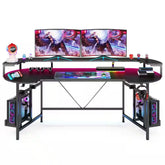 Halseey 75 In. Black Wood and Metal Computer Desk Writing Gaming Desk with Led Strip Monitor Stand